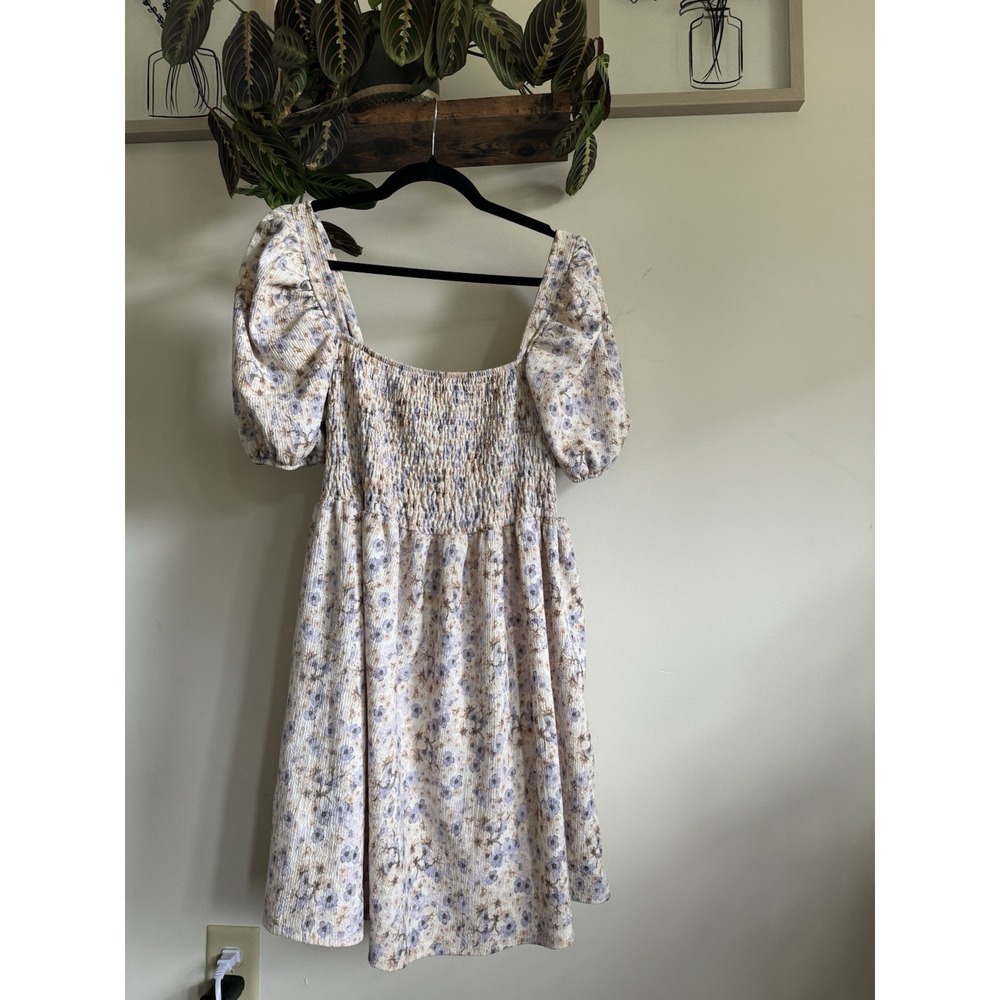 H&M Floral Smocked Dress Women's Puff Sleeve Plisse Crinkle Pastel Cottagecore